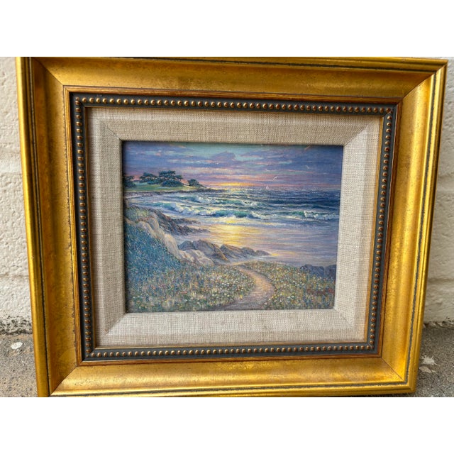 Vintage signed George J Bleich framed Seascape “Sundown at Cypress Point” original oil painting. H: 9.5 inches W: 11...