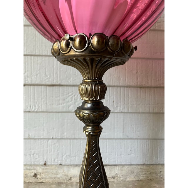 Metal Vintage Cranberry Pink Swirl Glass Tall Electric Victorian-Style Parlor Lamp For Sale - Image 7 of 12