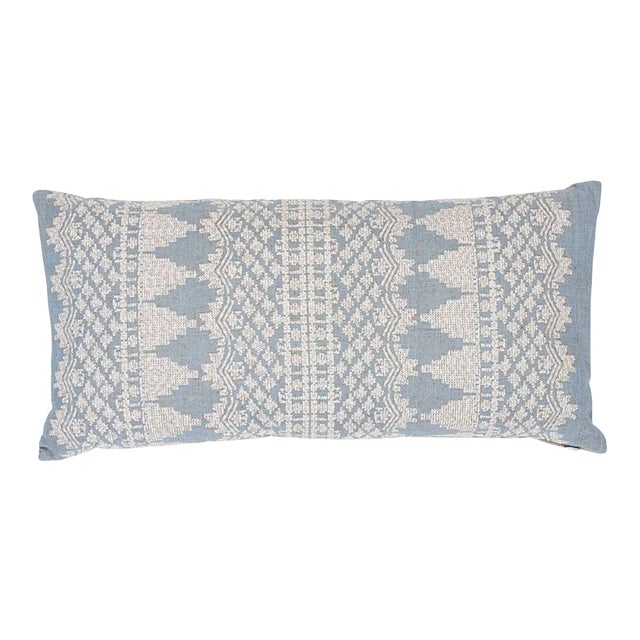 Schumacher Wentworth Embroidery Lumbar Pillow in Chambray For Sale