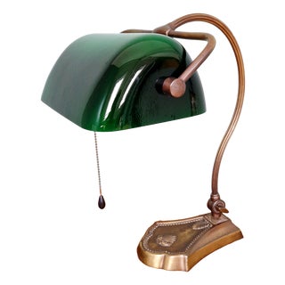 Articulated Brass Bankers Lamp with Green Opaline Shade, 1920s For Sale