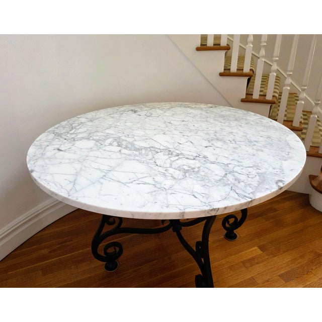 Contemporary Vintage 54" Round Carrara Marble & Iron Center Table For Sale - Image 3 of 11