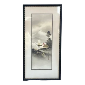 Original Artist Signed Antique Japanese Watercolor Painting of Mt Fuji With Boats on the Water