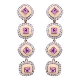 3.70 Carats Pink Sapphire, White Enamel & Diamonds Chandelier/Dangle Earrings, Pair For Sale