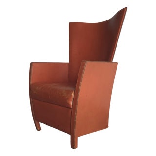 Vintage Italian Sculptural High-Back Leather Armchair For Sale