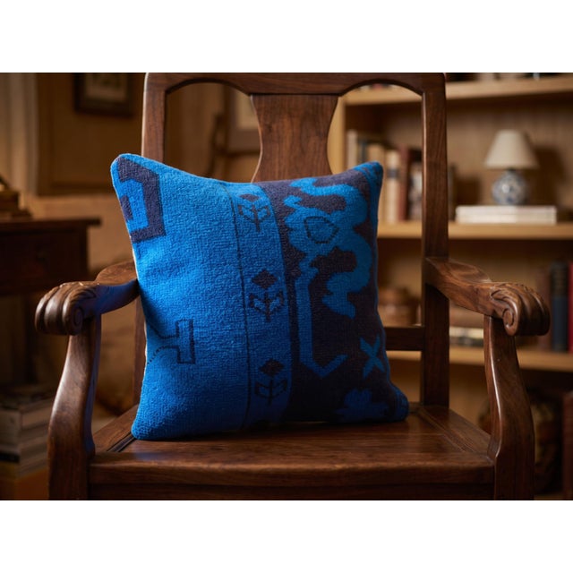 1980s Asymmetric Blue Rug Pillow Cover For Sale - Image 5 of 14
