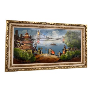 Light-Up Mid-Century San Francisco Bay Cityscape Oil Painting For Sale