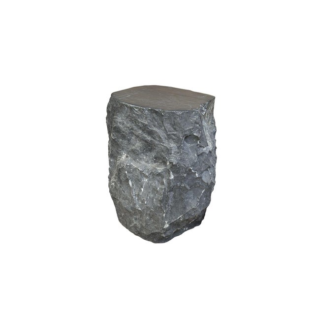 Natural Solid Marble Side Table Chiselled Finish, Smooth Top, Modern Organic For Sale - Image 6 of 7