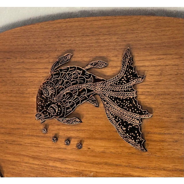 Wood Vintage Indonesian Copper Batik Tjap Stamp Walnut Wood Serving Tray Lobsters and Fishes For Sale - Image 7 of 12