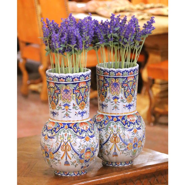 Pair of 19th Century French Desvres Faience Vases in the Rouen Taste For Sale In Dallas - Image 6 of 11