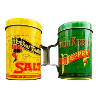 Vintage "Olde Timey" Enameled Metal Yellow Green and Red Salt and Pepper Shakers- a Pair For Sale