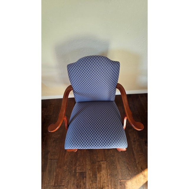 1980s 1980s Attributed to Ethan Allen Pair of Upholstered Armchairs Blue Diamonds For Sale - Image 5 of 13