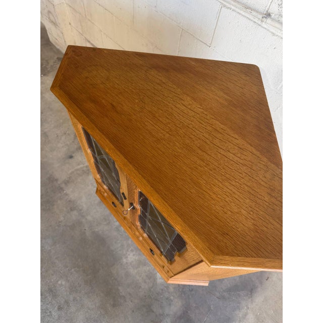 Vintage Danish Oak Corner Cabinet in Style of Henning Kjærnulf Leaded Glass Bar Cabinet For Sale In Los Angeles - Image 6 of 10