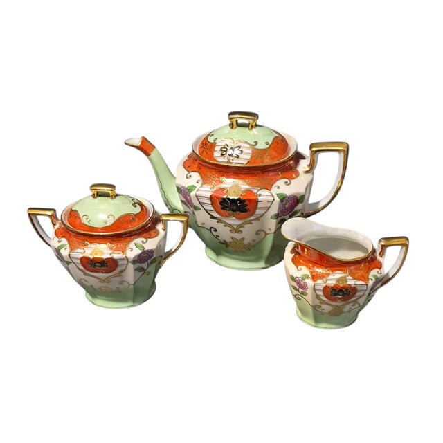 Vintage Asian Japanese Hand Painted Gilded Lusterware Tea Pot Creamer & Sugar Bowl For Sale - Image 9 of 9