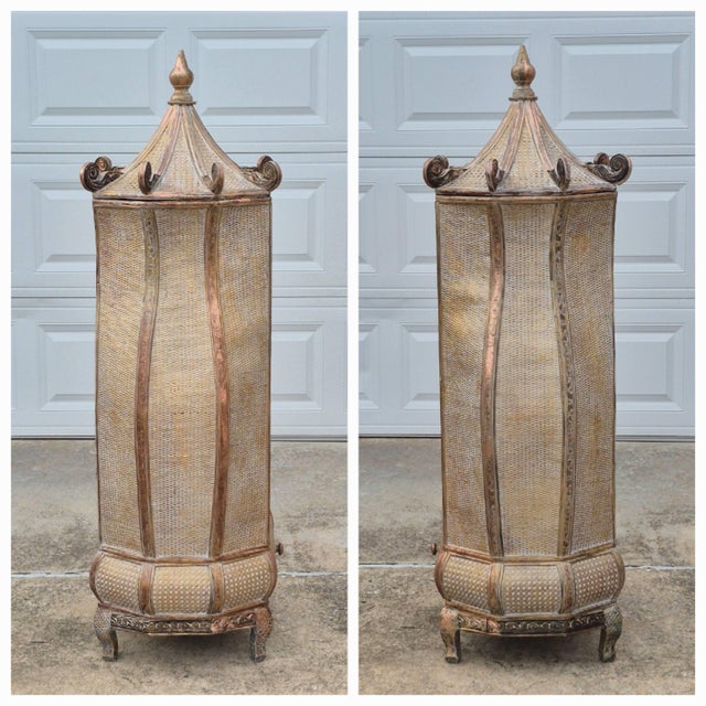 Unusual 20th Century Chinoiserie Pagoda Top Bombe Form Cane 2-Door Storage Cabinet For Sale - Image 9 of 12