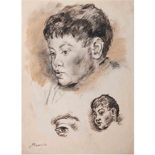 Mino Maccari, Portrait of Boy, Mixed Media Drawing, 1927 For Sale