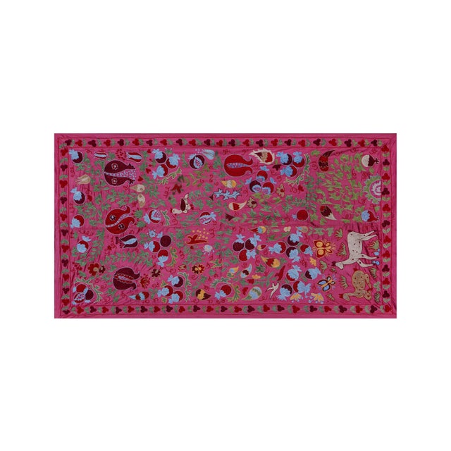 1960s Silk Suzani Blue Runner With Tree of Life Pattern, Red Suzani Table Cloth Textile, Embroidered Tapestry or Bed Cover...