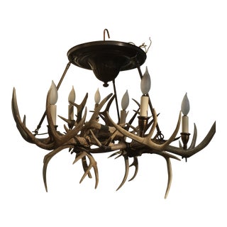 Vintage Brass and Deer Antler Ceiling Chandelier For Sale