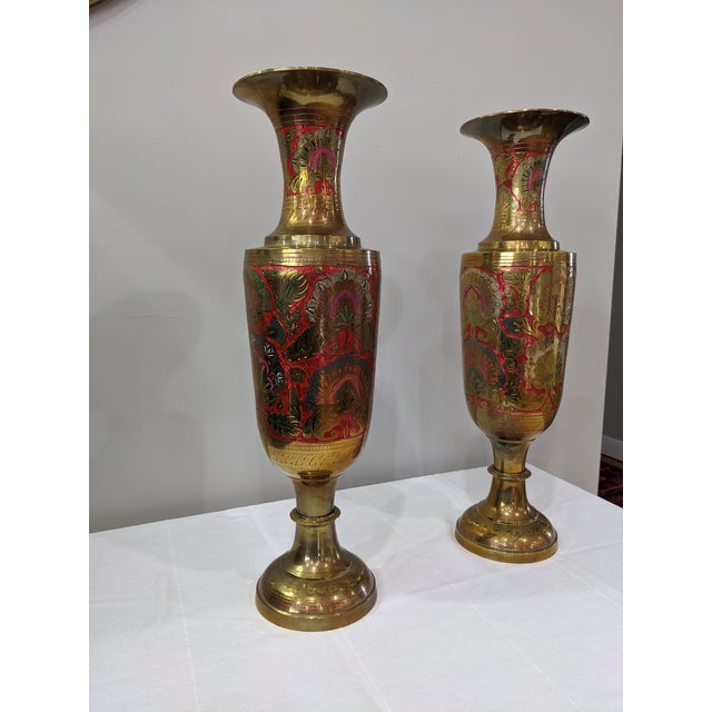 Late 20th Century Late 20th Century Large Brass Enameled Vases - a Pair For Sale - Image 5 of 11