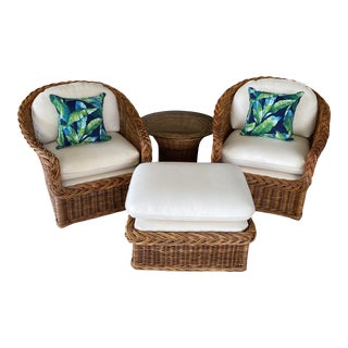 Vintage Coastal Large Braid Wicker Four Piece Set For Sale