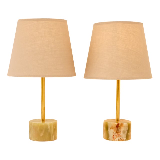 Mid-Century Modern Italian Onyx and Brass Table Lamps, Set of 2 For Sale