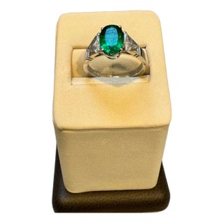 Gia Certified 2Ct Fine Zambian Emerald & 1.5 Ct Total Trillion Diamond Ring Plat For Sale