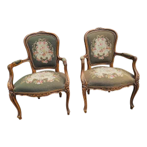 Pair of French Louis XVI Carved Fruitwood and Needlepoint Upholstered Bergeres