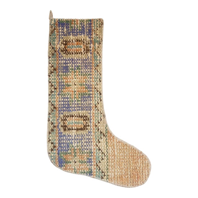 Rare Blue Striped Vintage Kilim Christmas Stocking, Wool With Rust Trim, 12.2 X 17.7 in – One of a Kind Boho Decor For Sale