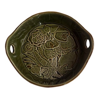 Vintage Rustic Green Glazed Majolica-Style Vegetable Serving Dish With Handles For Sale