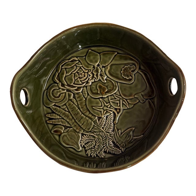 Vintage Rustic Green Glazed Majolica-Style Vegetable Serving Dish With Handles For Sale