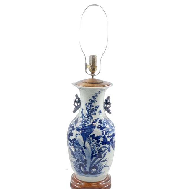 Asian Antique Vintage Blue and White Porcelain Vase Lamp For Sale - Image 3 of 5