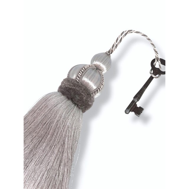 Platinum Satin Key Tassels With Dove Gray Velvet Details - A Pair For Sale - Image 9 of 13