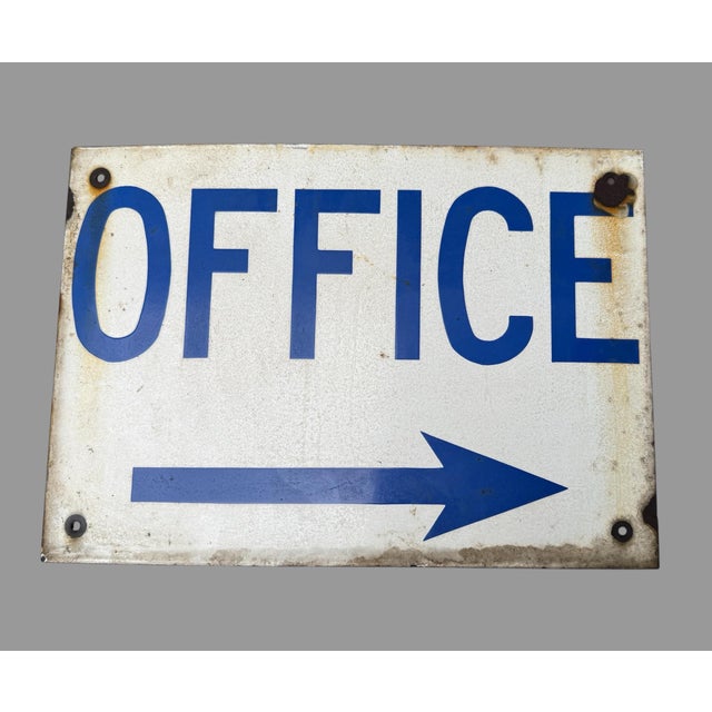American Blue & White Antique Porcelain Office W Right Arrow Advertising Sign For Sale - Image 3 of 4