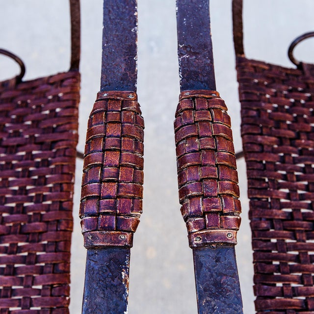 Hollywood Regency Vintage Iron and Leather Strap Horseshoe Back Curule Accent Chairs For Sale - Image 3 of 15