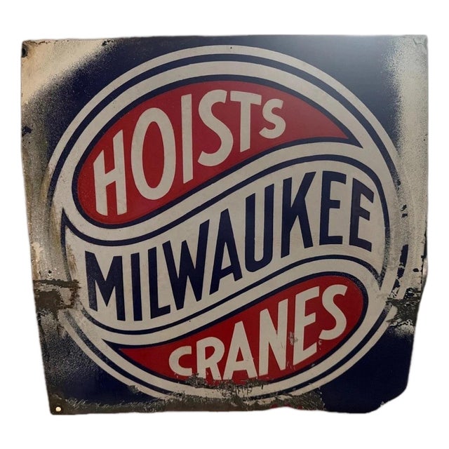 Rare Vintage Milwaukee Hoists & Cranes Metal & Porcelain Sign Circa 1920s For Sale