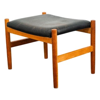 Mid Century Modern Ottoman Stool Swivel Black Solid Oak Wood Tufted Spottrup MCM For Sale