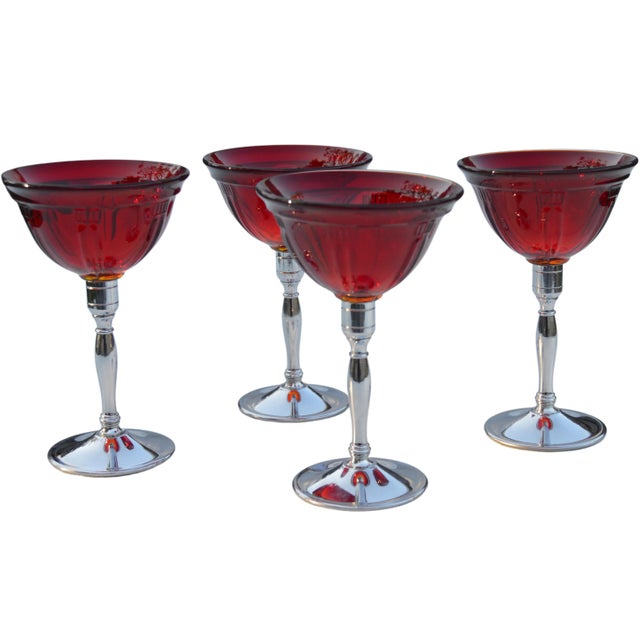 Set of four vintage bohemian cocktail / aperitif coupes, with red-patterned glass and ornate sleek silver detachable stems...