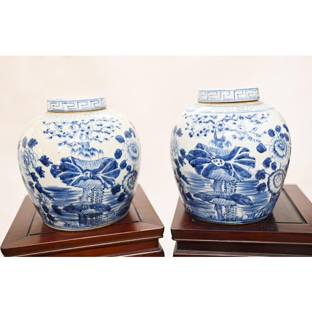 Gorgeous pair of Chinese blue and white porcelain lidded urns In the Nanking style Great colours, very bright and breezy...