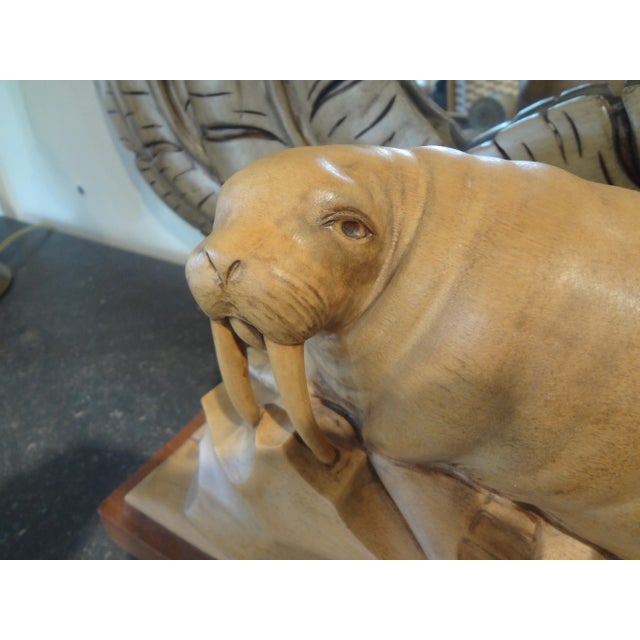 French Art Deco Carved Wood Walrus Sculpture, Signed Martini For Sale - Image 4 of 11