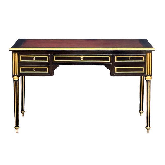 French Louis XVI Ebonized Writing Table or Desk With Embossed Leather Top From France For Sale - Image 3 of 16