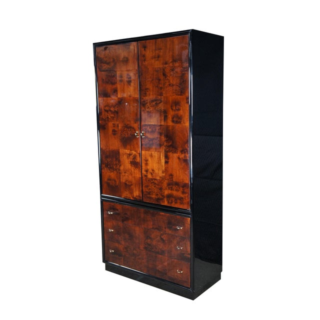 Mid-Century Modern 1980s Henredon Scene Three Art Deco Style Walnut Burl Black Lacquer Armoire Wardrobe For Sale - Image 3 of 11