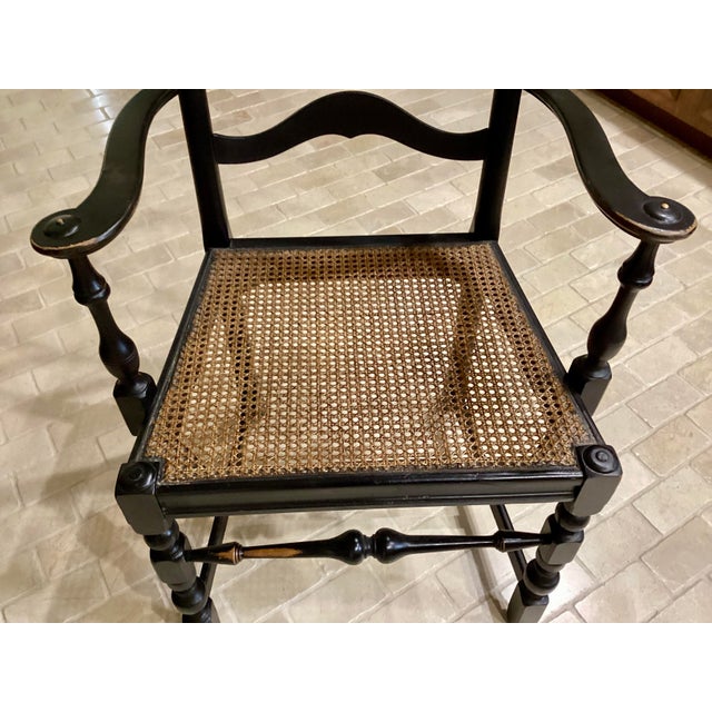Wood Antique Art Nouveau Ladderback Black Dining Side Desk Hall Arm Chair W/Cane Seat 41“ Tall For Sale - Image 7 of 9
