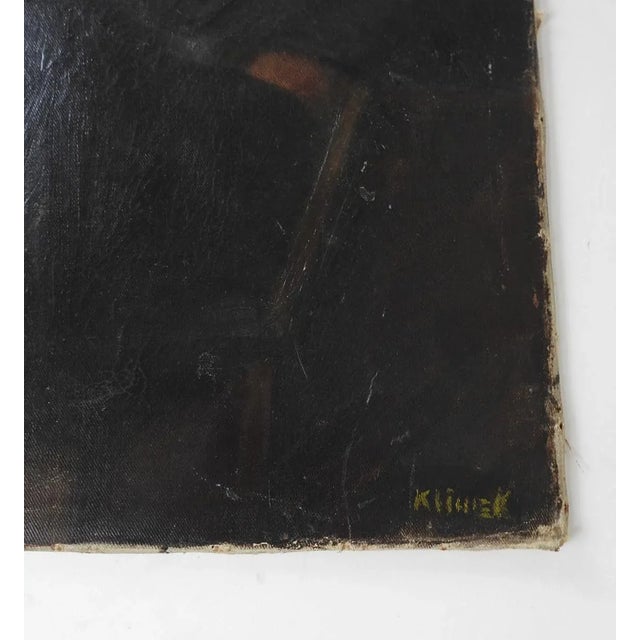 Vintage european oil on canvas board portrait of working man with landscape background. Signed Klimek lower right corner....