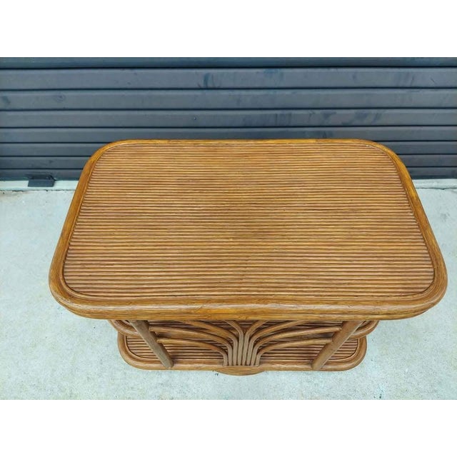 Brown Vintage Mid Century Modern Rattan 3 Tier Revolving Table / Tv Stand 3 Pencil Reed Rattan Shelves. For Sale - Image 8 of 10