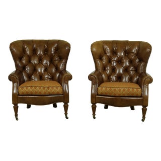 Pair Century Tufted Back Leather Parlor Chairs For Sale