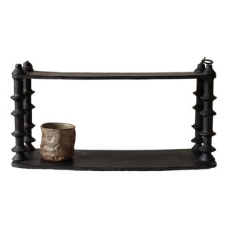 Vintage Wooden Black Tiered Shelf, Turned Spindle Display Stand, Rustic 2 Tier Wall Shelf, Folk Art Wood Rack, Cottage Decor For Sale