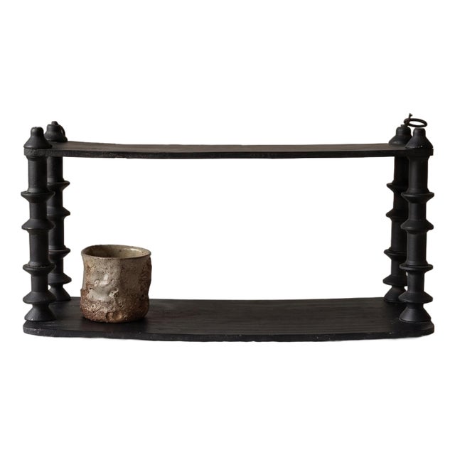 Vintage Wooden Black Tiered Shelf, Turned Spindle Display Stand, Rustic 2 Tier Wall Shelf, Folk Art Wood Rack, Cottage Decor For Sale