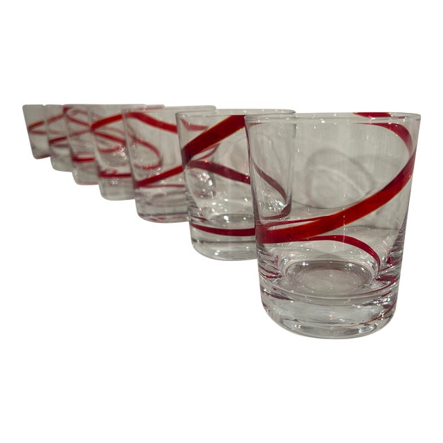 Modern Red Swirline Low Ball Glasses - Set of 7 For Sale