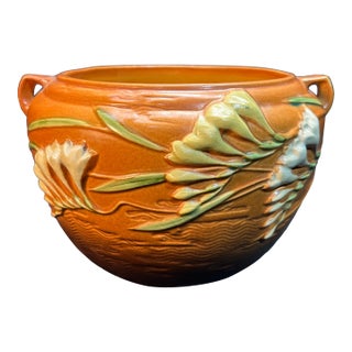 1940's Vintage Art Pottery Roseville Freesia Orange Jardiniere For Sale