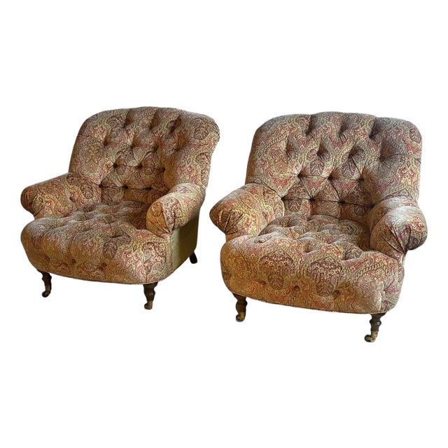 Pair of George Smith Style Tufted Club Chairs For Sale