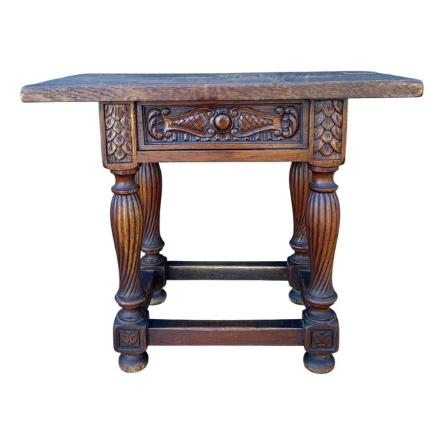 Spanish Renaissance Revival Oak Side Table with Drawer, Early 20th Century For Sale